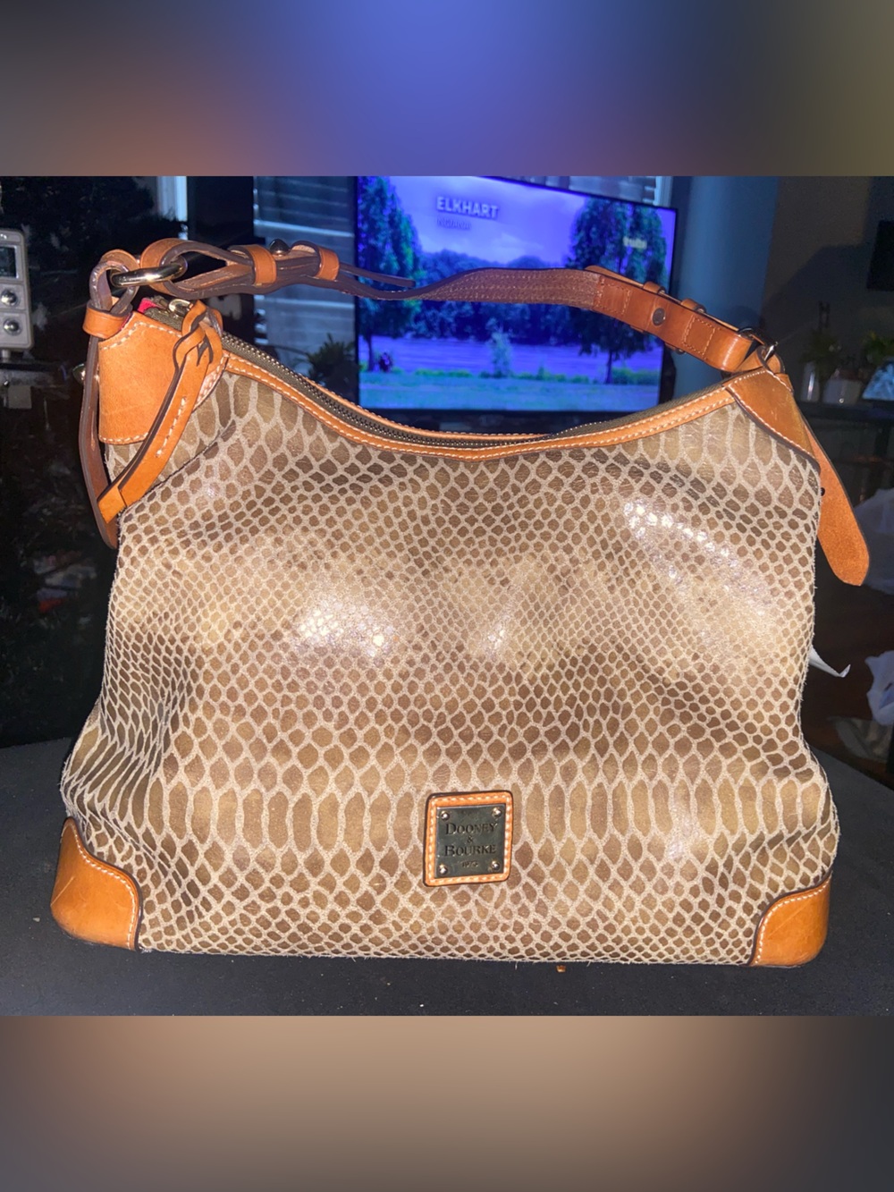 Dooney & Bourke Erica Brown faux snake skin pattern handbag